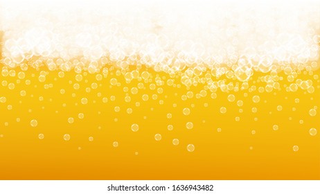Lager beer. Background with craft splash. Oktoberfest foam. Cold pint of ale with realistic white bubbles. Cool liquid drink for bar menu design. Gold mug with lager beer.