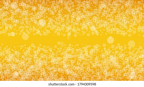 Lager beer. Background with craft splash. Oktoberfest foam. pab flyer layout. Cold pint of ale with realistic white bubbles. Cool liquid drink for Orange cup with lager beer.