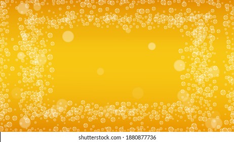 Lager beer. Background with craft splash. Oktoberfest foam. restaurant banner layout. German pint of ale with realistic white bubbles. Cool liquid drink for Gold glass with lager beer.