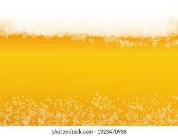 Lager beer. Background with craft splash. Oktoberfest foam. Festive pint of ale with realistic white bubbles. Cool liquid drink for pab banner layout. Gold cup with lager beer.