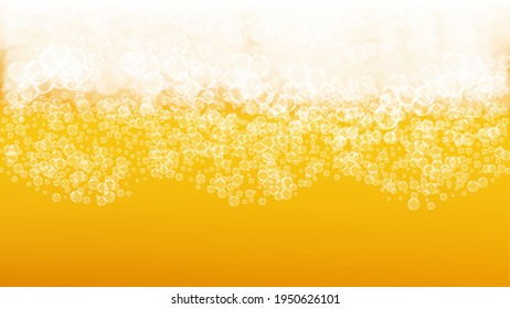 Lager beer. Background with craft splash. Oktoberfest foam. Bubbly pint of ale with realistic white bubbles. Cool liquid drink for restaurant banner design. Orange bottle with lager beer.