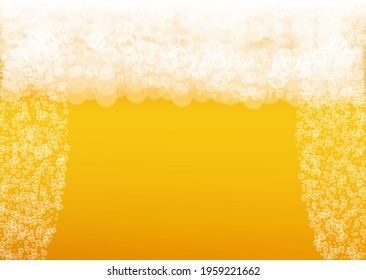 Lager beer. Background with craft splash. Oktoberfest foam. Hipster pint of ale with realistic white bubbles. Cool liquid drink for restaurant banner layout. Yellow cup with lager beer.