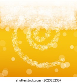 Lager beer. Background with craft splash. Oktoberfest foam. Yellow flyer layout. Czech pint of ale with realistic bubbles. Cool liquid drink for restaurant. Gold cup for oktoberfest foam.