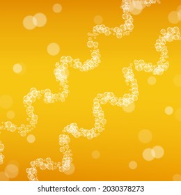 Lager beer. Background with craft splash. Oktoberfest foam. Froth pint of ale with realistic bubbles. Cool liquid drink for restaurant. Orange flyer template. Golden cup for oktoberfest foam.