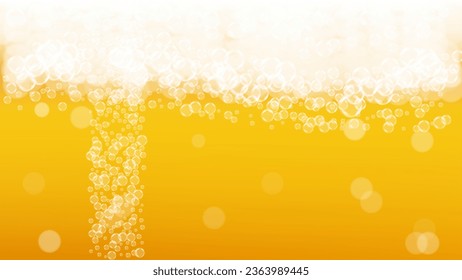 Lager beer. Background with craft splash. Oktoberfest foam. pub flyer layout. Bubbly pint of ale with realistic white bubbles. Cool liquid drink for Yellow mug with lager beer.