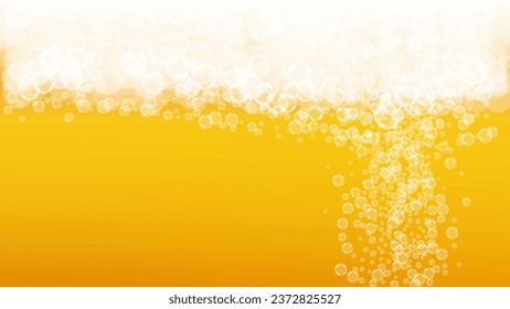 Lager beer. Background with craft splash. Oktoberfest foam. Bubbly pint of ale with realistic white bubbles. Cool liquid drink for pab menu template. Gold bottle with lager beer.