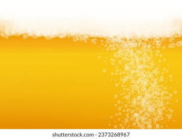 Lager beer. Background with craft splash. Oktoberfest foam. pub menu template. Fresh pint of ale with realistic white bubbles. Cool liquid drink for Golden mug with lager beer.