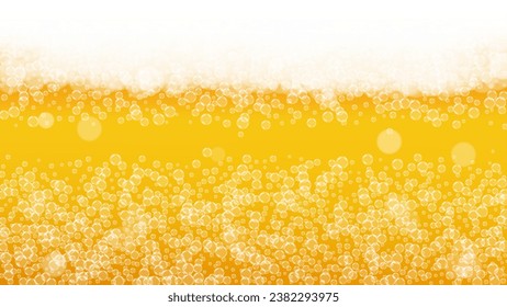 Lager beer. Background with craft splash. Oktoberfest foam. pub menu template. Hipster pint of ale with realistic white bubbles. Cool liquid drink for Orange mug with lager beer.