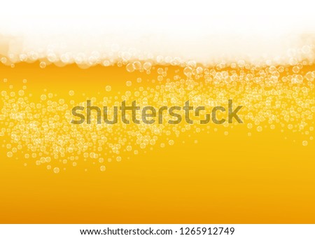 Lager beer. Background with craft splash. Oktoberfest foam. Pale pint of ale with realistic white bubbles. Cool liquid drink for restaurant flyer layout. Orange mug with lager beer.