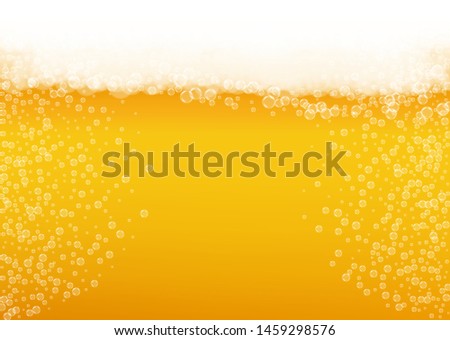 Lager beer. Background with craft splash. Oktoberfest foam. restaurant banner template. Shiny pint of ale with realistic white bubbles. Cool liquid drink for Golden bottle with lager beer.
