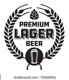 Lager Beer Badge or Label.
Craft beer vector design features wheat or barley wreath, hops and glass of beer.