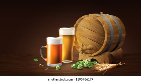 lager beer in glass cup and wood barrel with wheat and hops, refreshing drink with white foam in 3d illustration, splashing beer vector illustration
