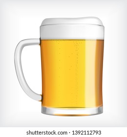 Lager beer glass mug, with foam and bubbles, and use of transparency. Realistic vector illustration.