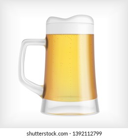 Lager beer glass mug, with foam and bubbles, and use of transparency. Realistic vector illustration.