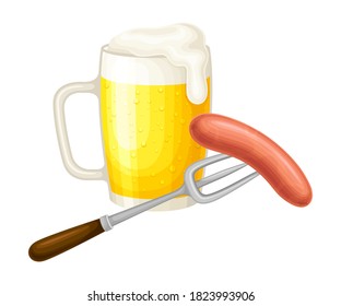 Lager Beer Glass Mug with Foam and Fork with Sausage Vector Illustration