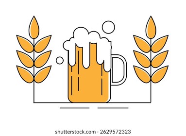 Lager Beer Line Art with Wheat Sprouts Isolated on White. Alcoholic drinks and beverages concept vector art