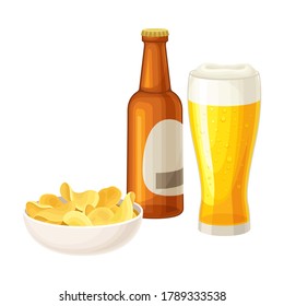 Lager Beer Poured In Glass With Bottle And Crunchy Snack In Bowl Vector Illustration