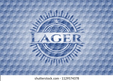 Lager blue badge with geometric pattern background.