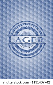 Lager blue emblem with geometric pattern background.