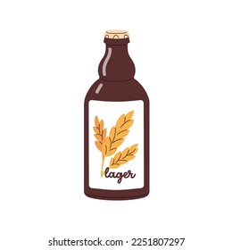 Lager, cerveza de artesanía fresca en botella de vidrio. Refrescante bebida refrescante de bajo consumo de alcohol. Bebida alcohólica de cereales marrones. Ilustración vectorial plana aislada en fondo blanco