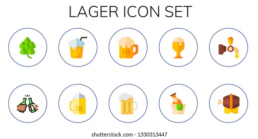 lager icon set. 10 flat lager icons.  Collection Of - hop, beer, Beer, pint, beer tap