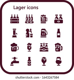 lager icon set. 16 filled lager icons.  Simple modern icons such as: Beer box, Beers, Beer, Beer bottle, tap