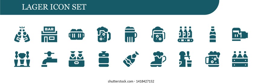 lager icon set. 18 filled lager icons.  Simple modern icons about  - Beer, Pub, Beers, Beer tap, Beer keg, Dark box