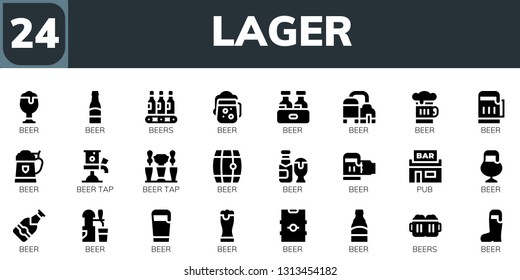 lager icon set. 24 filled lager icons.  Collection Of - Beer, Beers, Beer tap, Pub