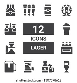 lager icon set. Collection of 12 filled lager icons included Beer, Beers, Beer tap