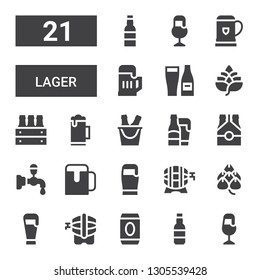 lager icon set. Collection of 21 filled lager icons included Beer, Hop, Beer tap
