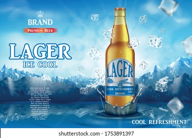 Lager light beer ads. Realistic premium beer in glass bottle on ice cubes and snow mountain background. 3d Vector illustration