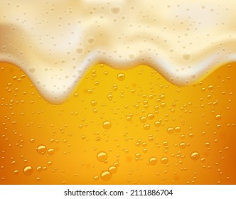 Lager, realistic background golden craft beer with foam and bubbles.