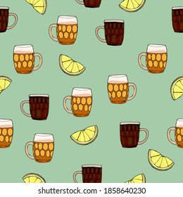Lager set with snacks. Hand drawn cartoon style illustration. Beverage pattern. Glass cup. Bright colors. Mexican style beer.