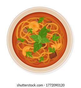 Lagman Dish Composed of Mutton, Vegetables and Long Noodle Poured in Bowl Side View Vector Illustration