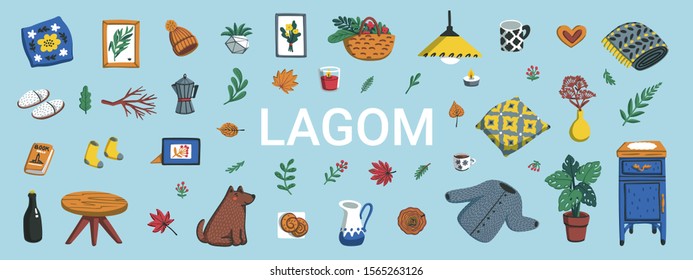 Lagom. Concept of Scandinavian lifestyle. Horizontal banner with lagom lettering and cozy home things like pillow, plants, furniture on blue background. Colorful flat vector illustration