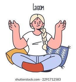 Lagom and Hygge concept. Scandinavian lifestyle approach or tradition. Idea of sufficiency and minimalism. Body and mind balance. Flat vector illustration