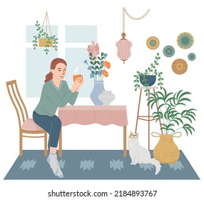 Lagom Life Flat Composition With Indoor View Of House Room With Hanging Plants Cat And Woman Vector Illustration