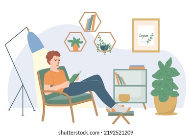 Lagom Life Flat Composition With Indoor Interior Scenery Room Decorations Plants And Sitting Guy Reading Book Vector Illustration