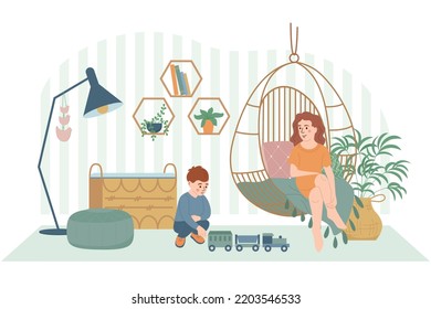 Lagom Life Flat Composition With Indoor Interior Hanging Lounge Chair Home Plants And Mother With Child Vector Illustration