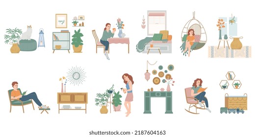 Lagom life flat set of isolated icons with colored images of house decorations plants and people vector illustration