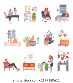 Conjunto de vida de lagom de iconos aislados planos con elementos interiores de decoración y doodle caracteres humanos ilustración vectorial