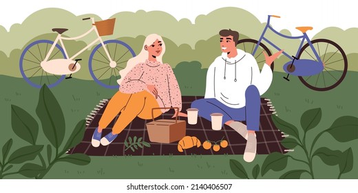 Lagom lifestyle flat concept with young couple having picnic eating healthy food outdoors with bicycles in background vector illustration