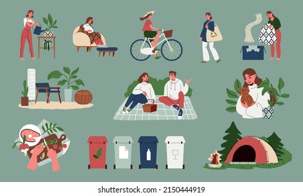 Lagom lifestyle flat set with cozy interior people spending time outdoors garbage sorting healthy food isolated on color background vector illustration