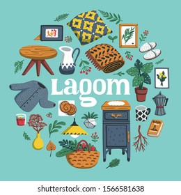 Lagom round composition. Concept of Scandinavian lifestyle. Illustration with lagom lettering and cozy home things like pillow, plants, furniture. Colorful flat vector illustration