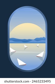 Lagoon aerial view with mountains and sunrise illustration. Minimalist gradient wall decor. Seaside