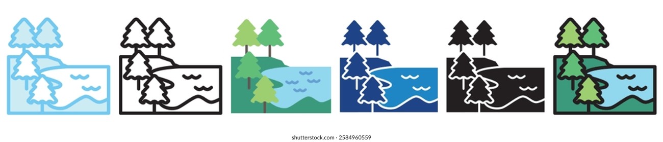 Lagoon multi-style icon, outline, flat, glyph, dual tone, line color, UI, UX kit, app and web development, digital or print. For industry, education, ecology, environment, water treatment theme.