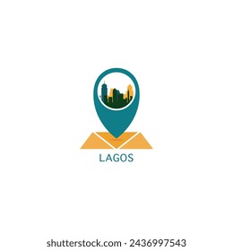Lagos city map pin point geolocation modern skyline vector logo icon isolated illustration. Nigeria pointer emblem with landmarks and building silhouettes
