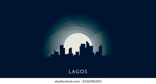 Paisaje urbano de Lagos horizonte ciudad panorama vector plano moderno banner ilustración. Idea del emblema de la megápolis nigeriana con puntos de referencia y siluetas de construcción al amanecer y al atardecer	