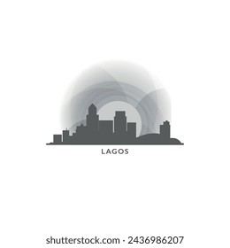 Lagos cityscape skyline city panorama vector flat logo, modern icon. Nigeria capital emblem idea with landmarks and building silhouettes, isolated clipart at sunset, sunrise, night