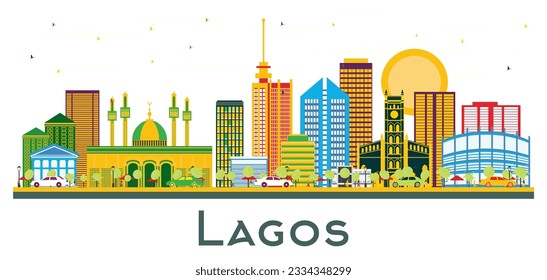 Lagos Nigeria City Skyline with Color Buildings Isolated on White. Vector Illustration. Business Travel and Tourism Concept with Modern Buildings. Lagos Cityscape with Landmarks.